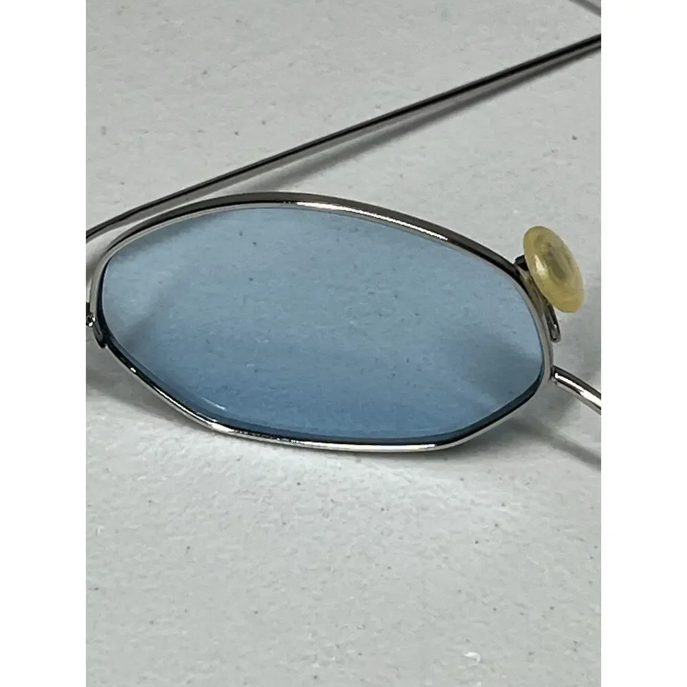 VTG Optica Geometric Wire Frame Sunglasses Silver Tone Metal Blue Lens + Case